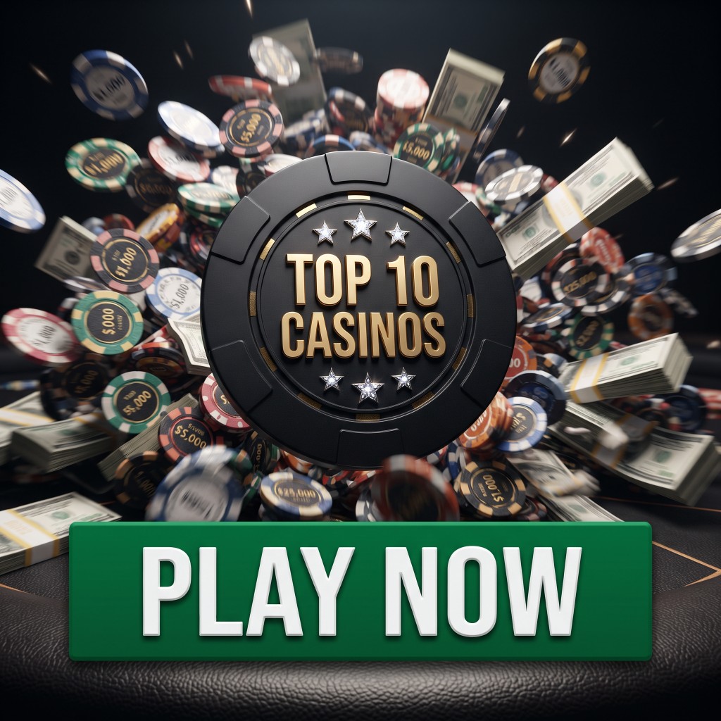 Black poker chip reading Top 10 Casinos with flying chips, cash stacks and a Play Now button